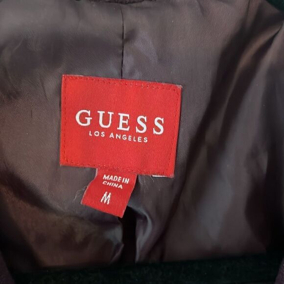 Guess Wool Coat Medium Boucle Wine Red Collar Tie Belt Women's Pea Coat long - Picture 5 of 6